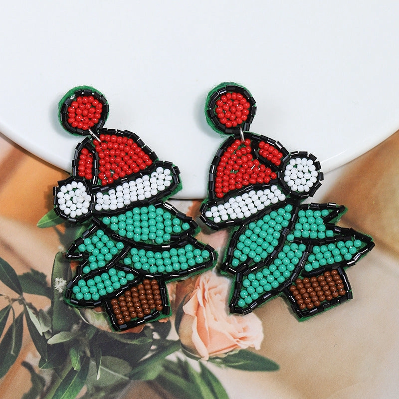 Wholesale DIY Handwoven Rice Beads Christmas Tree Christmas Plastic Hat Stud Earrings