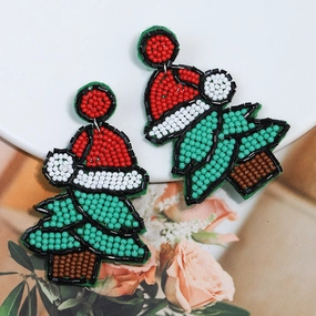 Wholesale DIY Handwoven Rice Beads Christmas Tree Christmas Plastic Hat Stud Earrings