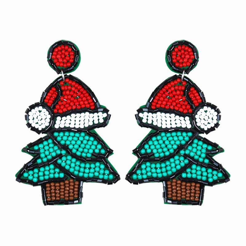 Wholesale DIY Handwoven Rice Beads Christmas Tree Christmas Plastic Hat Stud Earrings