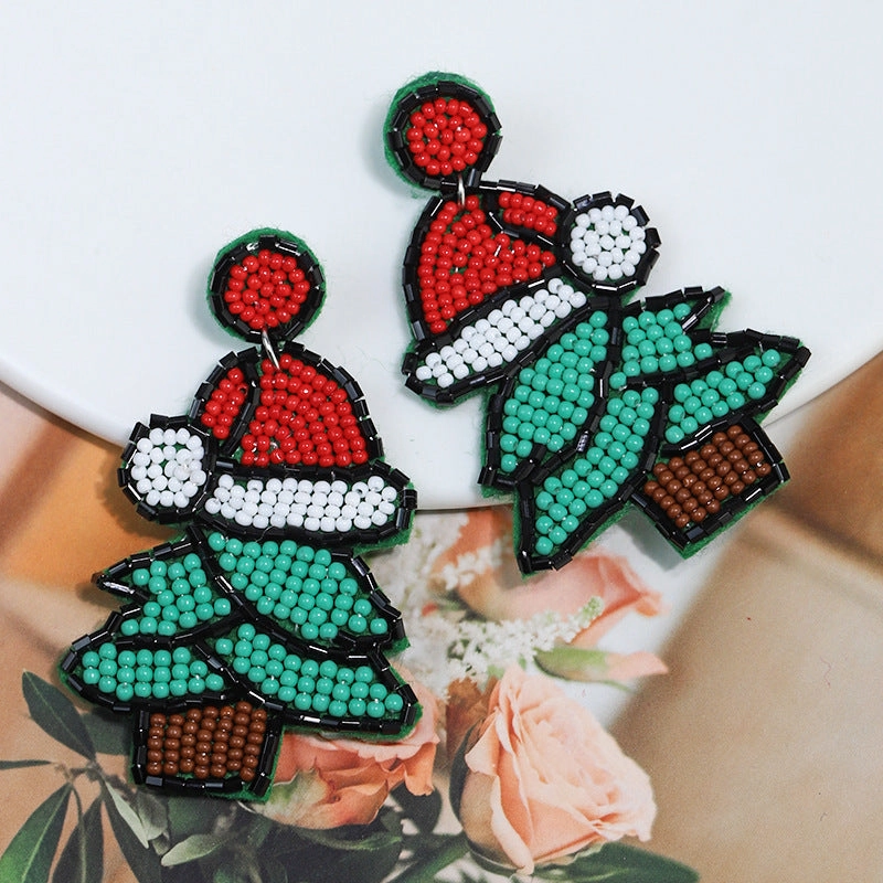 Wholesale DIY Handwoven Rice Beads Christmas Tree Christmas Plastic Hat Stud Earrings
