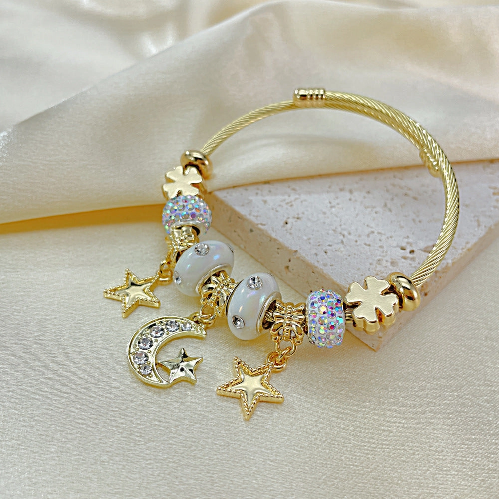 Wholesale DIY Wire Ring Star and Moon Pendant Gold Open Titanium Steel Bracelet