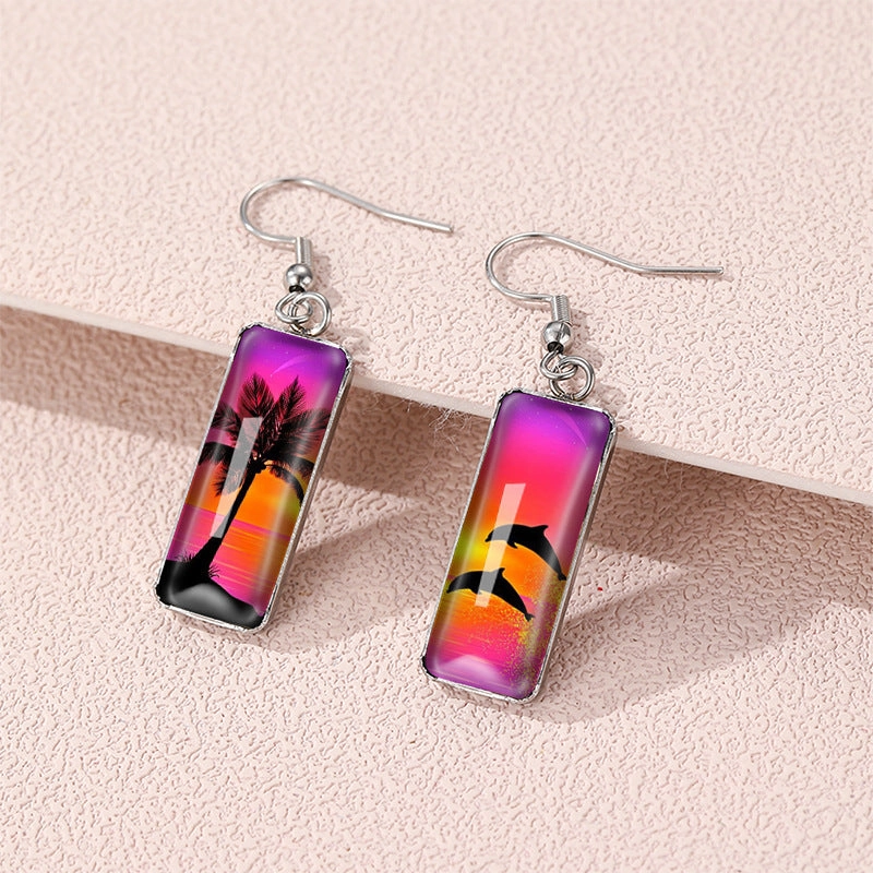 Wholesale Dolphin Time Gemstone Rectangular Glass Earrings