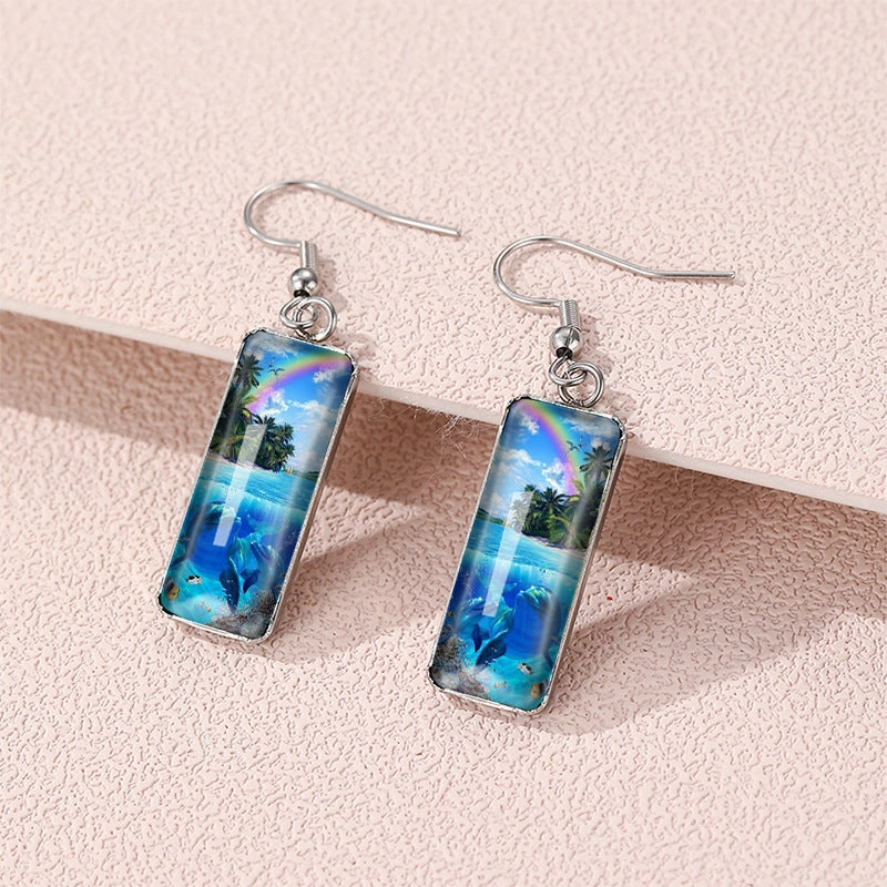 Wholesale Dolphin Time Gemstone Rectangular Glass Earrings