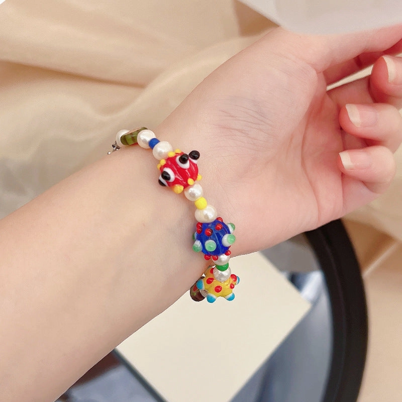 Wholesale Dopamine Candy Cube Freshwater Pearl Stitching Thousand Flower Glass Beads Bracelet