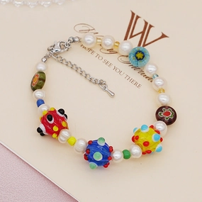Wholesale Dopamine Candy Cube Freshwater Pearl Stitching Thousand Flower Glass Beads Bracelet