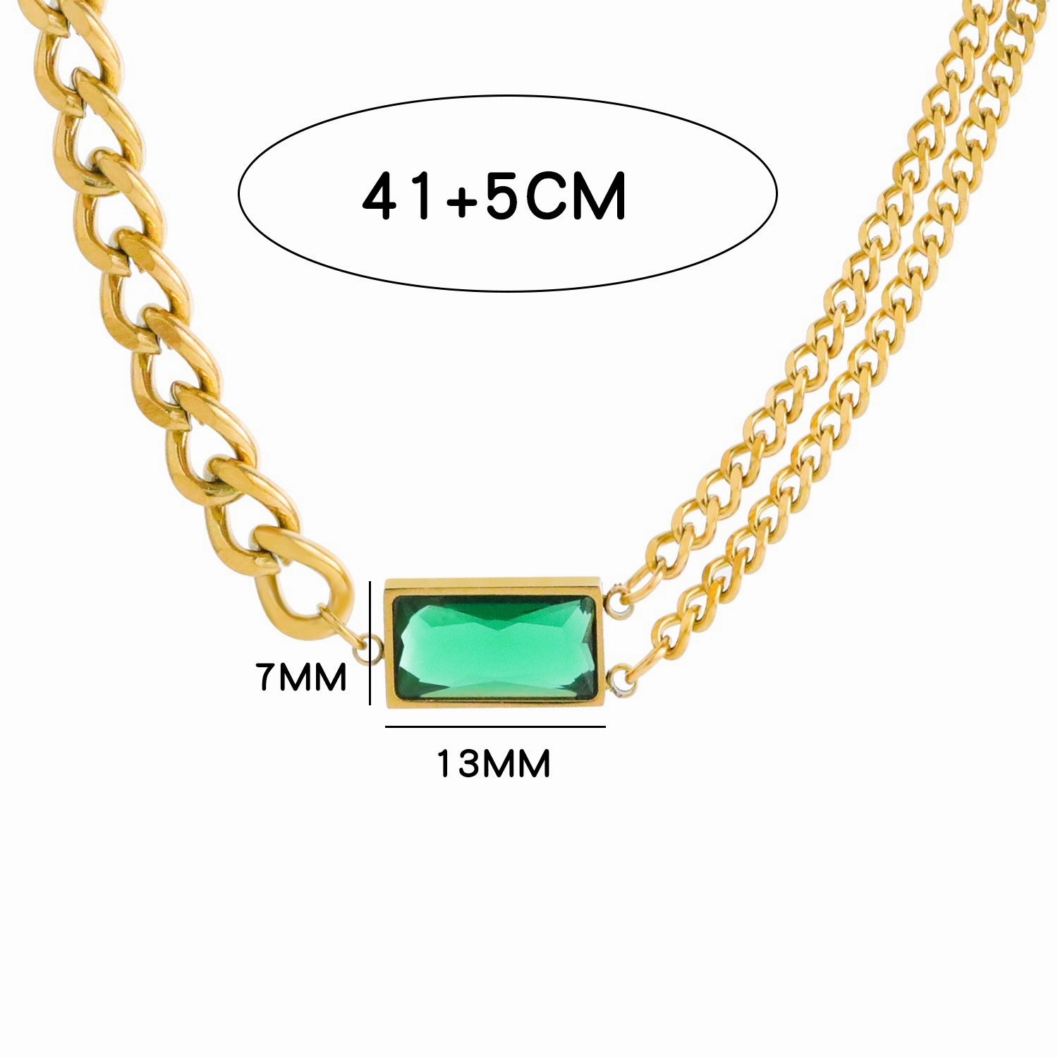 Wholesale Double Chain Stitching Inlaid Emerald Crystal Stainless Steel Necklace Sweater Chain