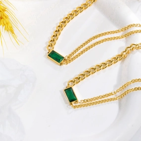 Wholesale Double Chain Stitching Inlaid Emerald Crystal Stainless Steel Necklace Sweater Chain