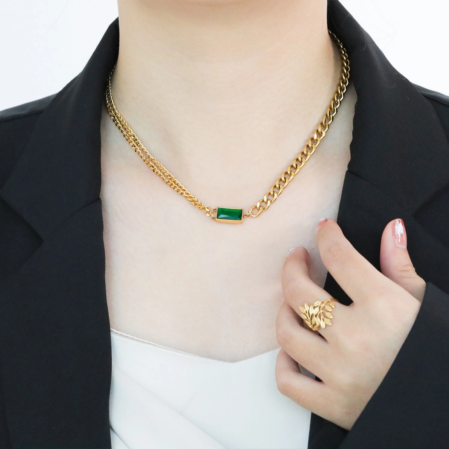 Wholesale Double Chain Stitching Inlaid Emerald Crystal Stainless Steel Necklace Sweater Chain