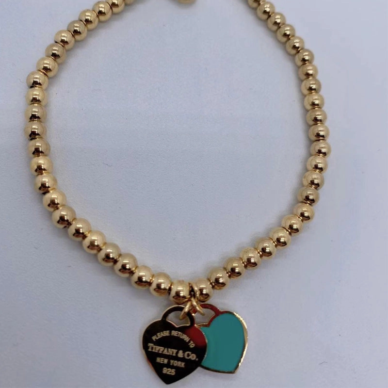 Wholesale Double Heart Bead Titanium Steel Peach Heart Pendant Love Epoxy Bracelet