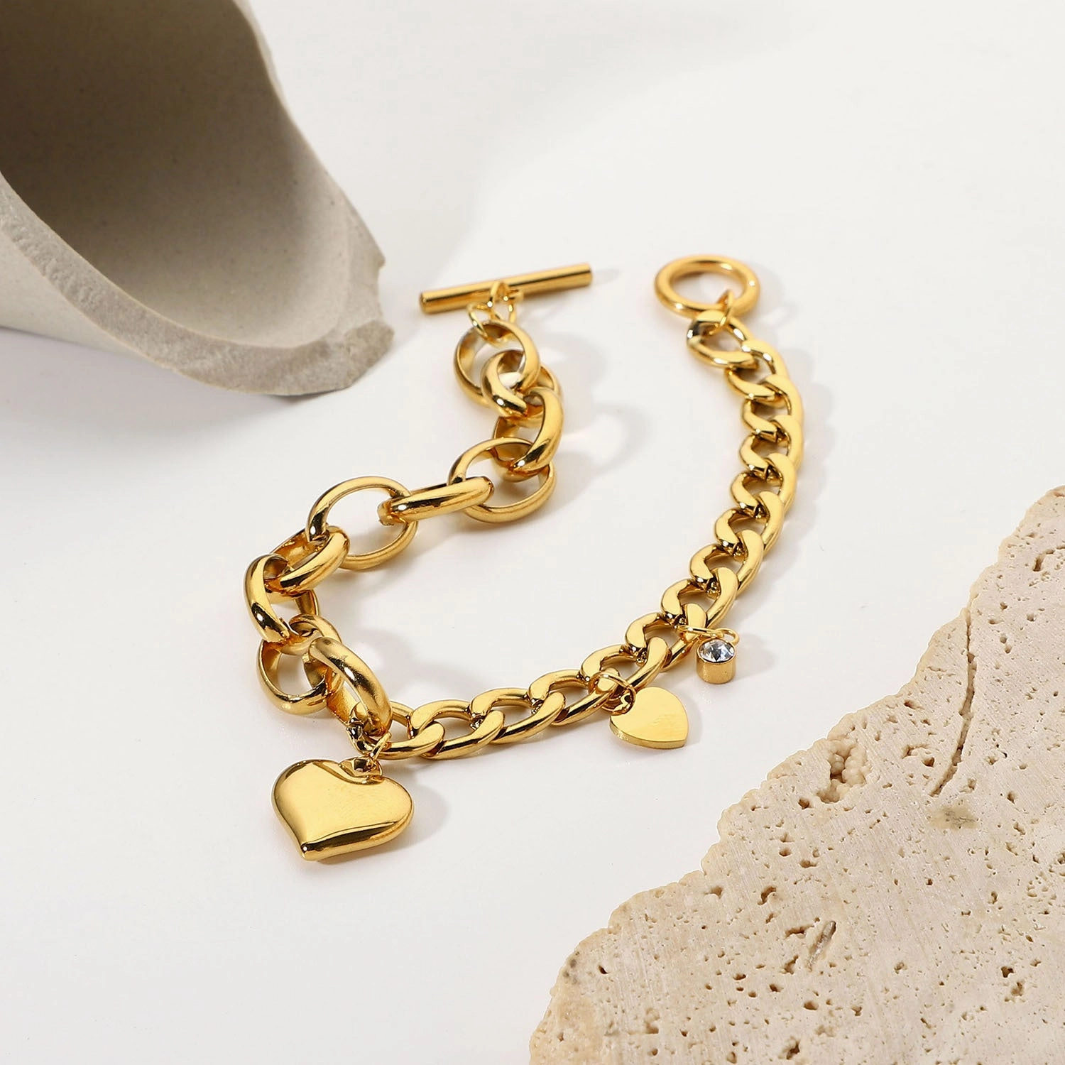 Wholesale Double Heart Small Round Zirconium Pendant OT Buckle 18K Gold Plated Stainless Steel Bracelet