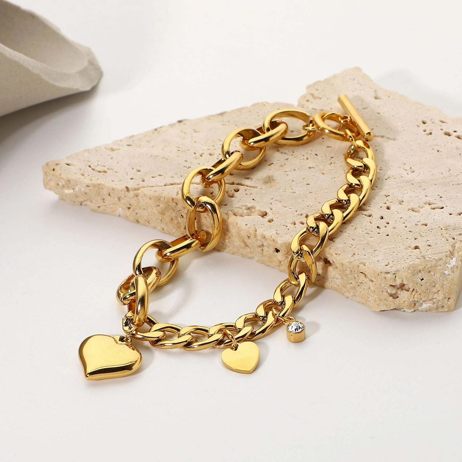 Wholesale Double Heart Small Round Zirconium Pendant OT Buckle 18K Gold Plated Stainless Steel Bracelet