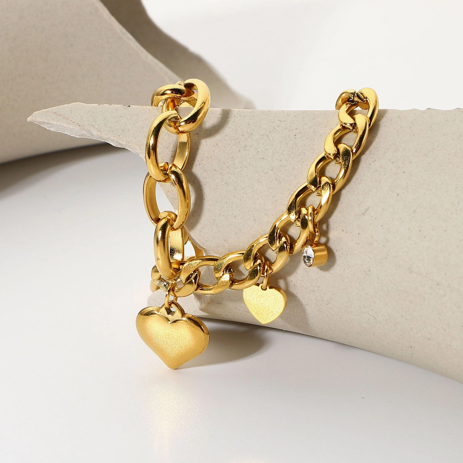 Wholesale Double Heart Small Round Zirconium Pendant OT Buckle 18K Gold Plated Stainless Steel Bracelet