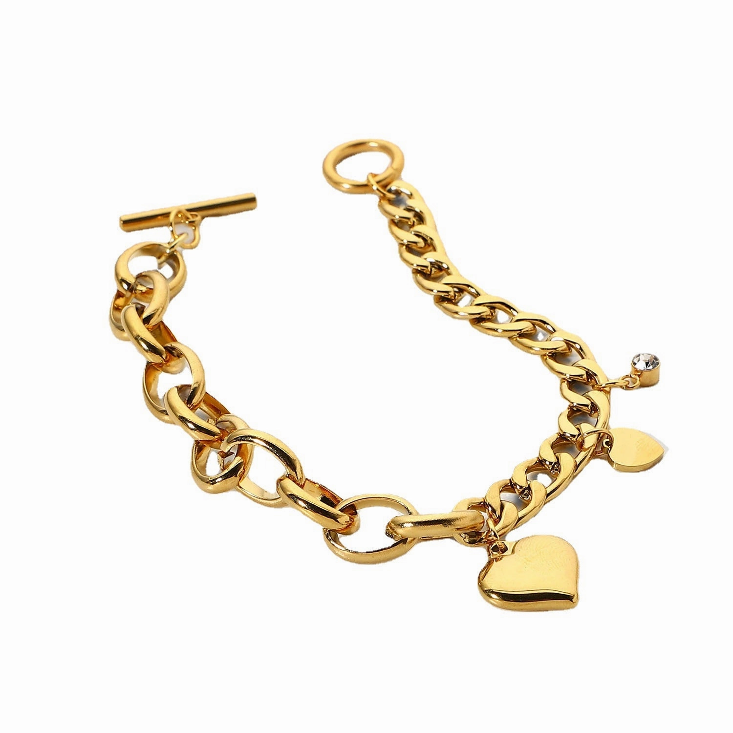 Wholesale Double Heart Small Round Zirconium Pendant OT Buckle 18K Gold Plated Stainless Steel Bracelet