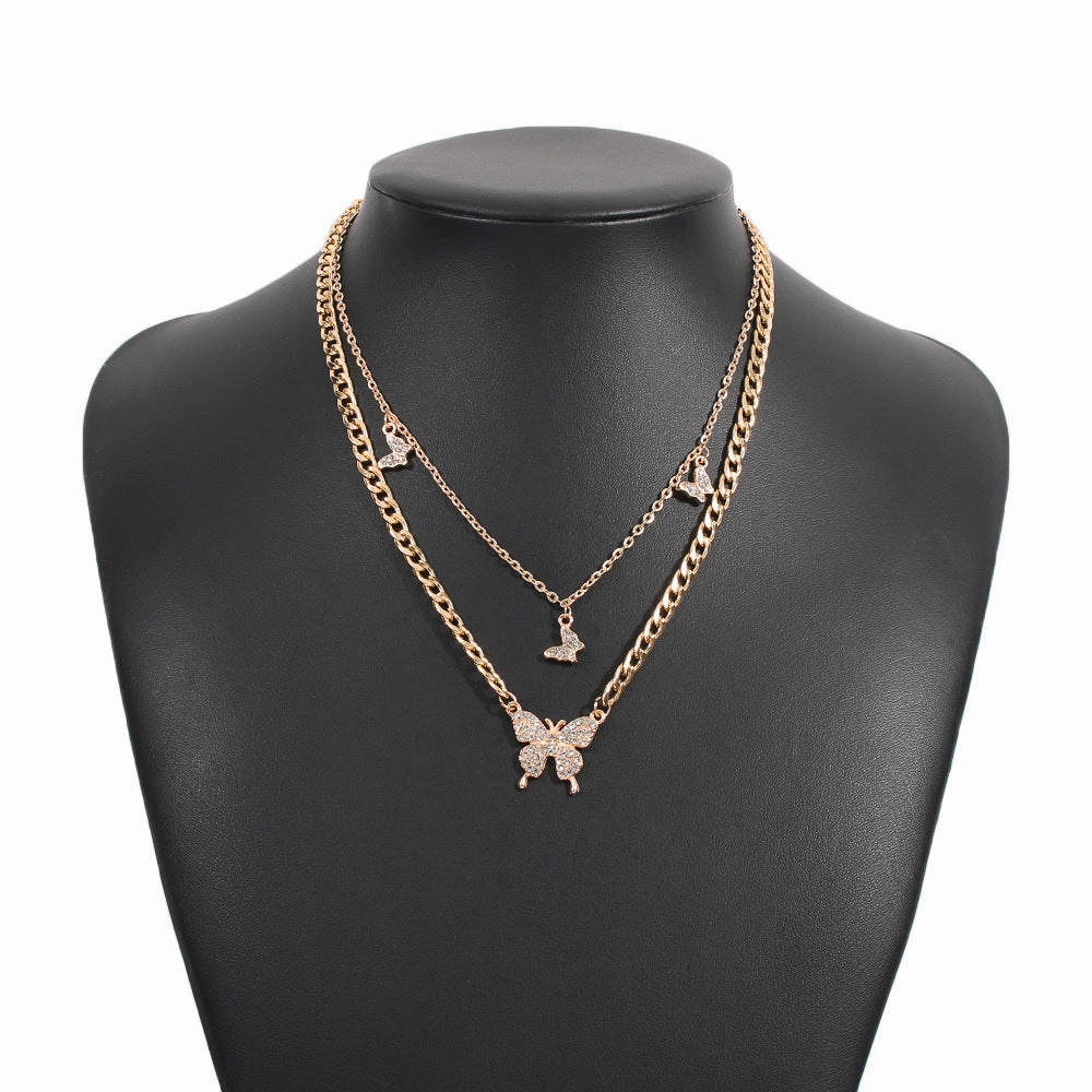 Wholesale Double Layer Butterfly Diamond Creative Necklace
