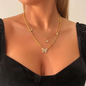 Wholesale Double Layer Butterfly Diamond Creative Necklace