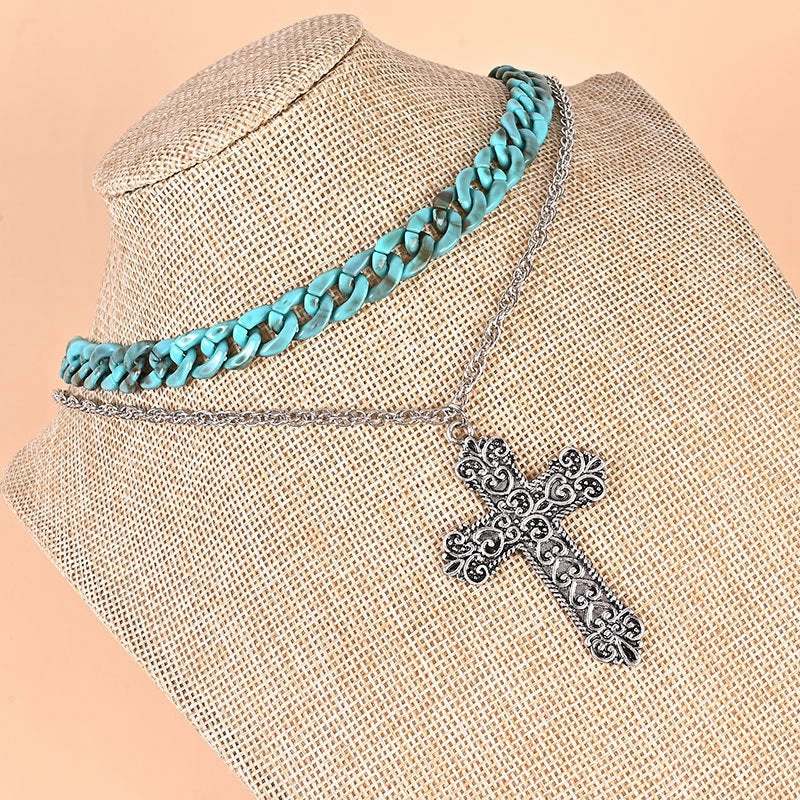 Wholesale Double Layer Cross Cuban Zinc Alloy Necklace