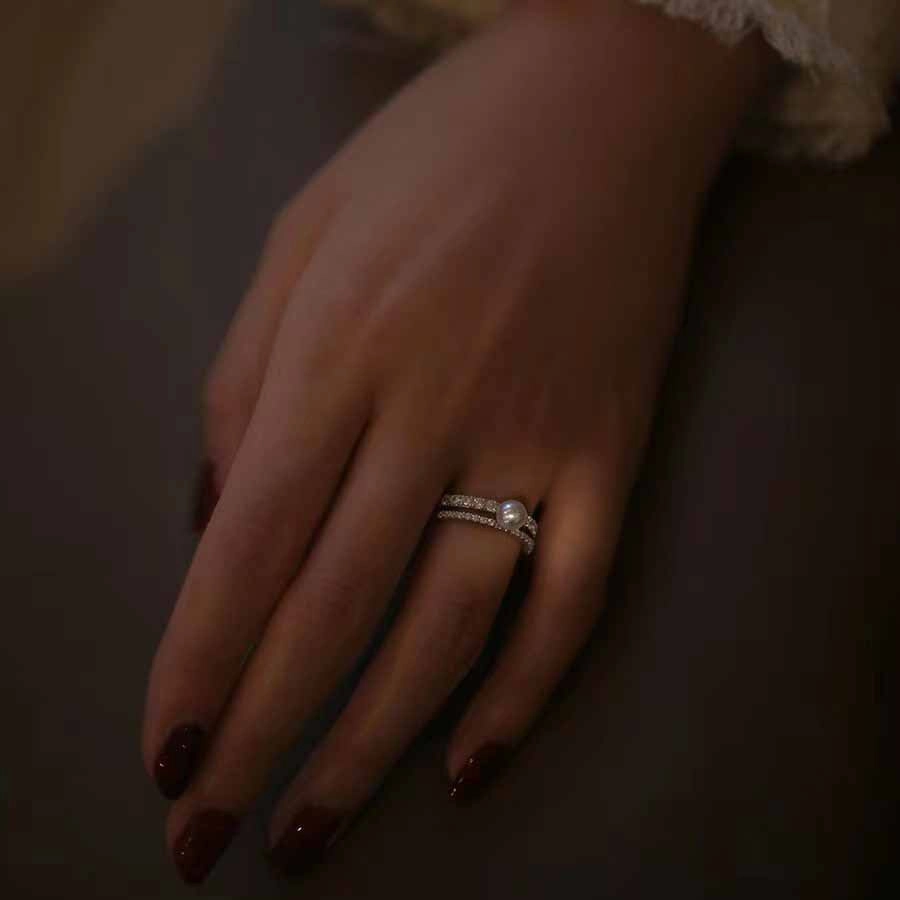 Wholesale Double-layer Diamond Studded Pearl Copper Rings