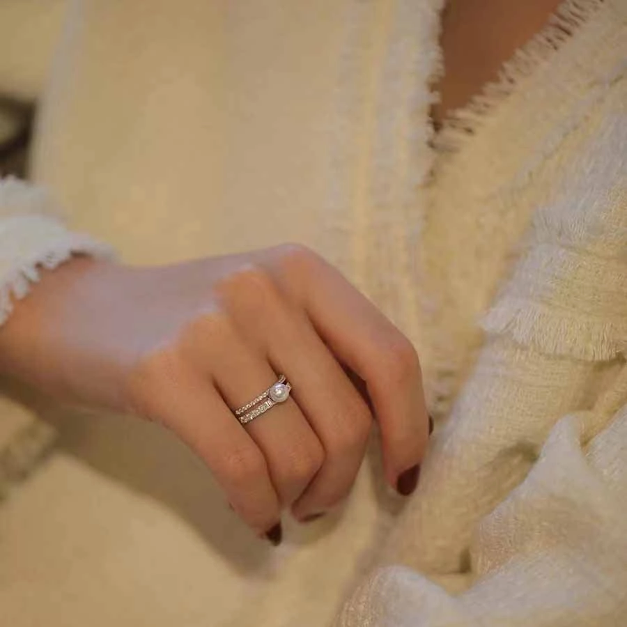 Wholesale Double-layer Diamond Studded Pearl Copper Rings