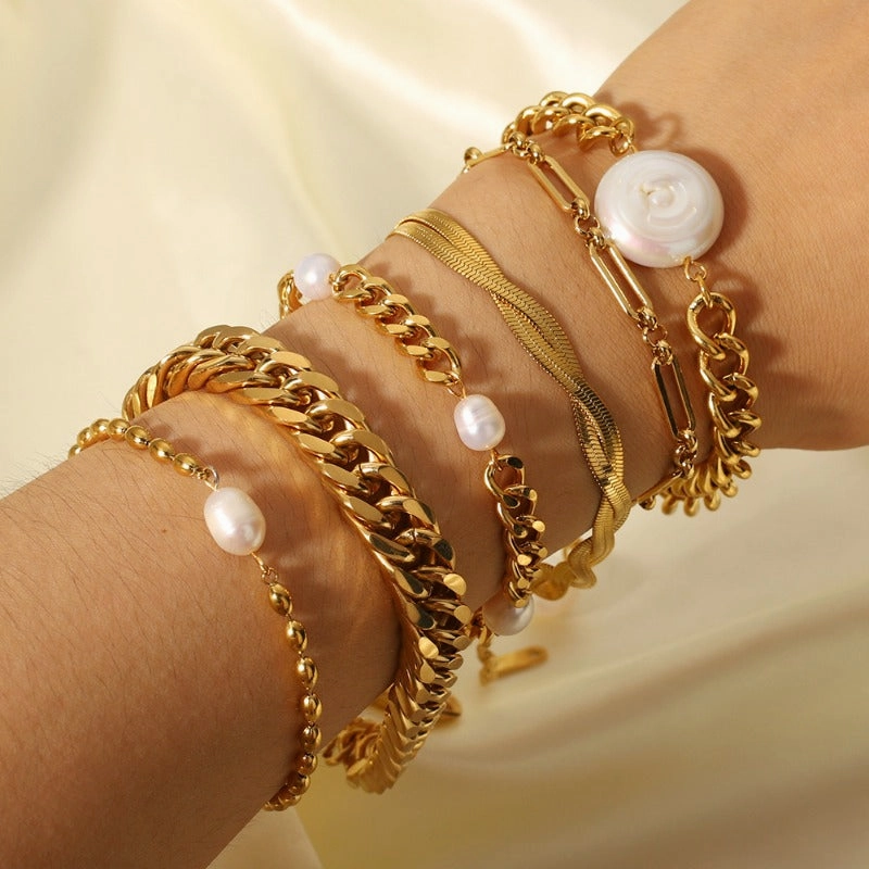Wholesale Double Layer Flat Snake Pearl Style Gold Plated Shell Cuban Chain Bracelet
