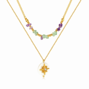 Wholesale Double Layer Natural Stone Mother-of-pearl Eight-pointed Star Stainless Steel Necklace