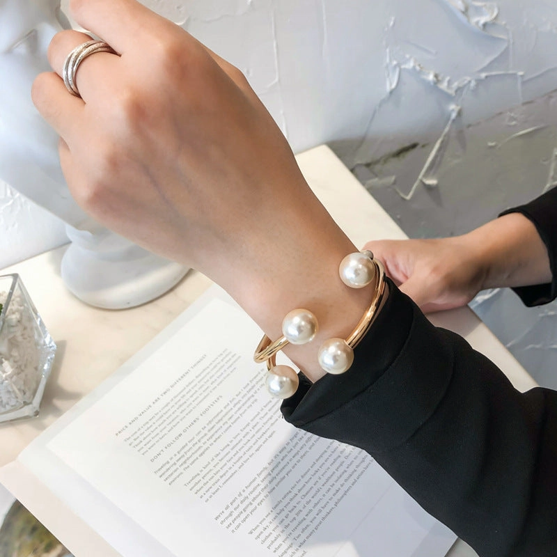 Wholesale Double-Layer Pearl Half-Opening Alloy Bracelet