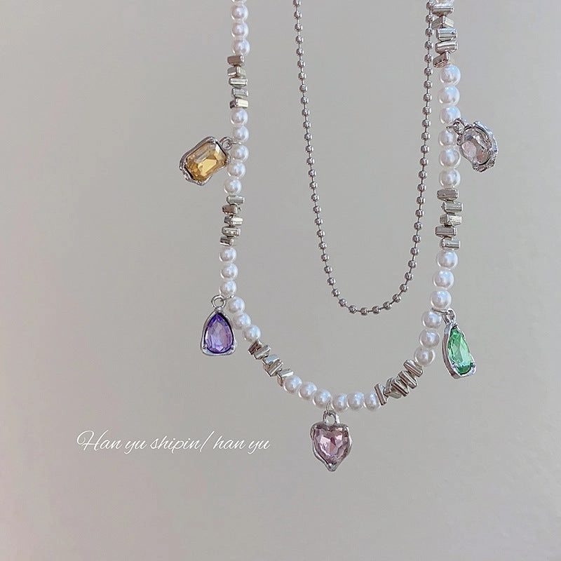 Wholesale Double Layer Pearl Heart Color Crystal Necklaces
