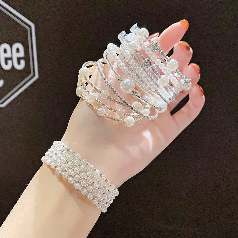 Wholesale Double Layer Pearl Rhinestone Bracelet