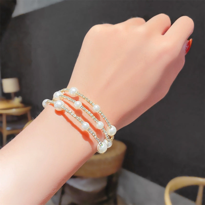 Wholesale Double Layer Pearl Rhinestone Bracelet