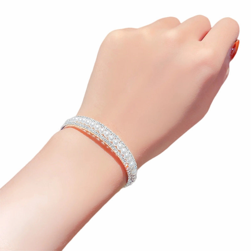 Wholesale Double Layer Pearl Rhinestone Bracelet