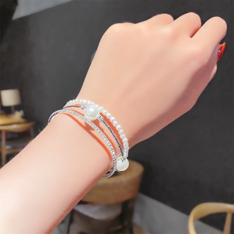 Wholesale Double Layer Pearl Rhinestone Bracelet