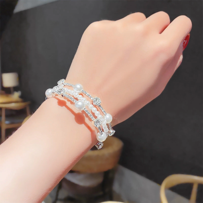 Wholesale Double Layer Pearl Rhinestone Bracelet