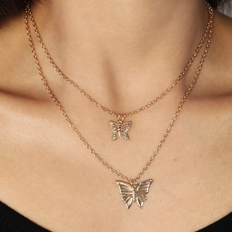 Wholesale Double Layer Stacked Butterfly Necklace