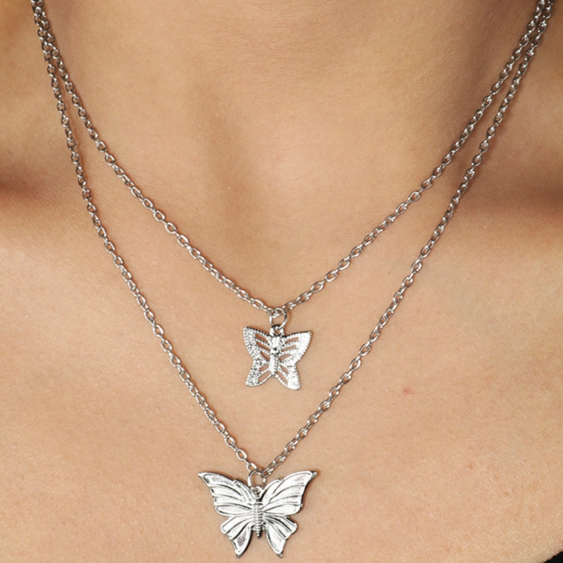 Wholesale Double Layer Stacked Butterfly Necklace