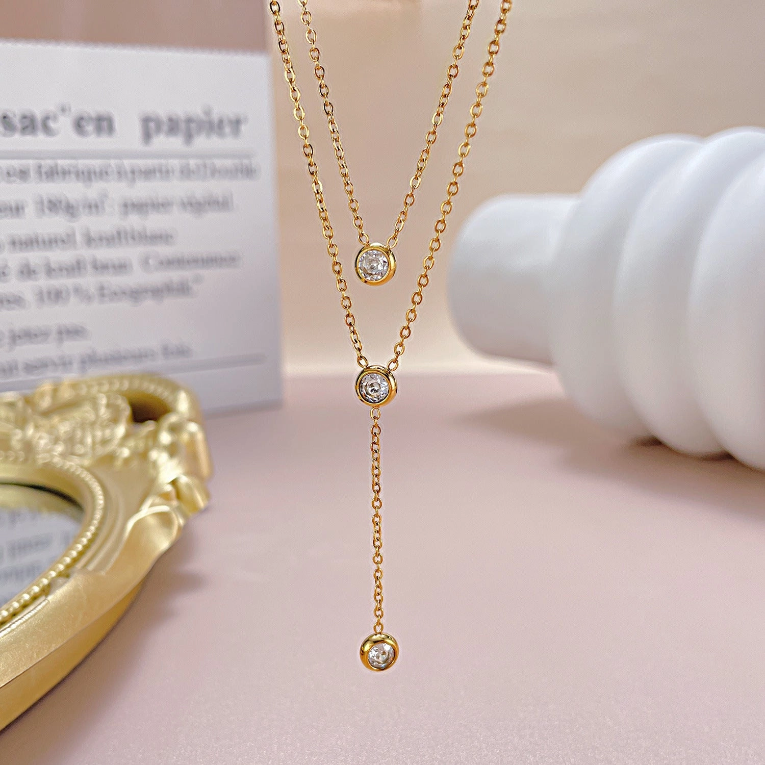 Wholesale Double Layer Stacked Titanium Steel Tassel Rhinestone Necklace Clavicle Chain