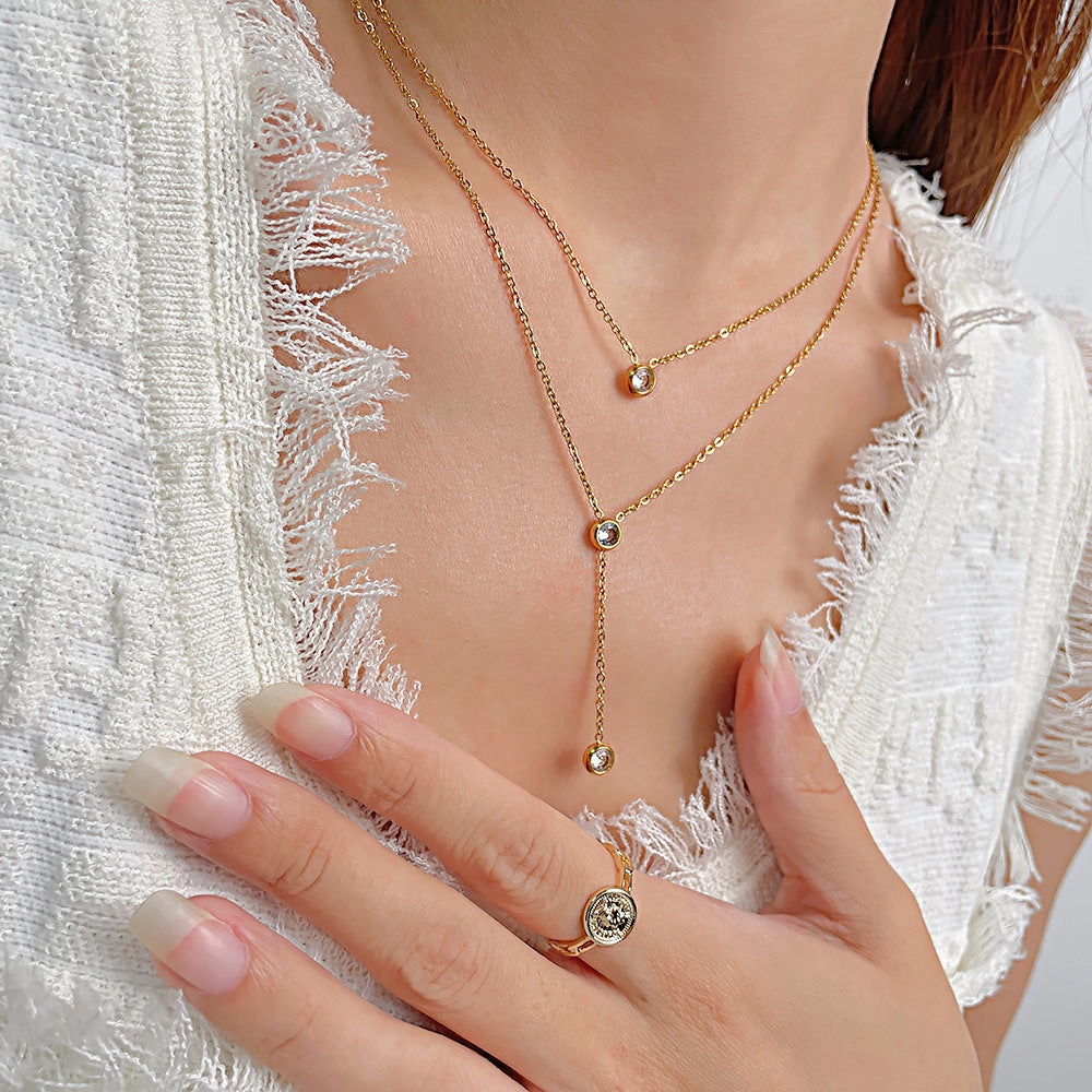Wholesale Double Layer Stacked Titanium Steel Tassel Rhinestone Necklace Clavicle Chain
