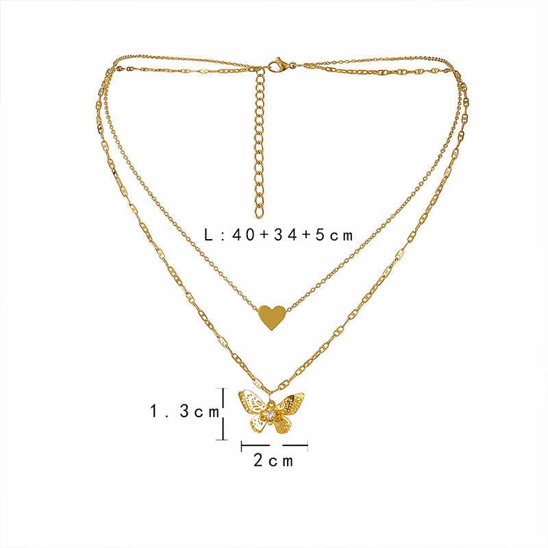 Wholesale Double Layer Titanium Steel Heart Butterfly Stand Necklace OLY-NE-ChunN002