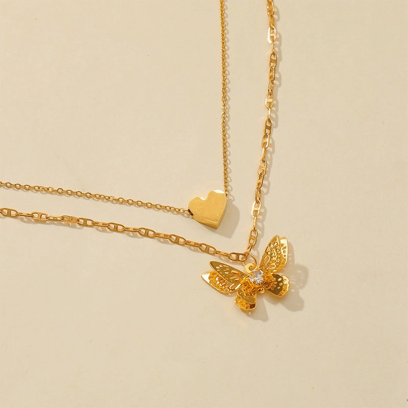 Wholesale Double Layer Titanium Steel Heart Butterfly Stand Necklace OLY-NE-ChunN002