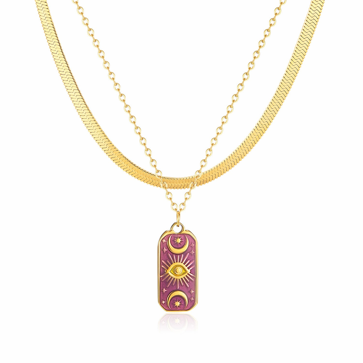 Wholesale Double Layer Titanium Steel Purple Star and Moon Stainless Steel Devil Eye Necklace