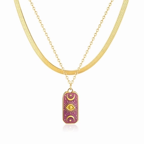 Wholesale Double Layer Titanium Steel Purple Star and Moon Stainless Steel Devil Eye Necklace