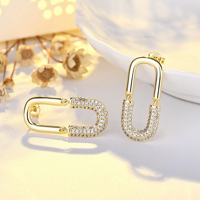 Wholesale Double U Full Diamond Copper Earrings