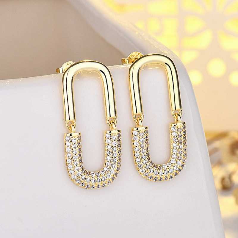 Wholesale Double U Full Diamond Copper Earrings