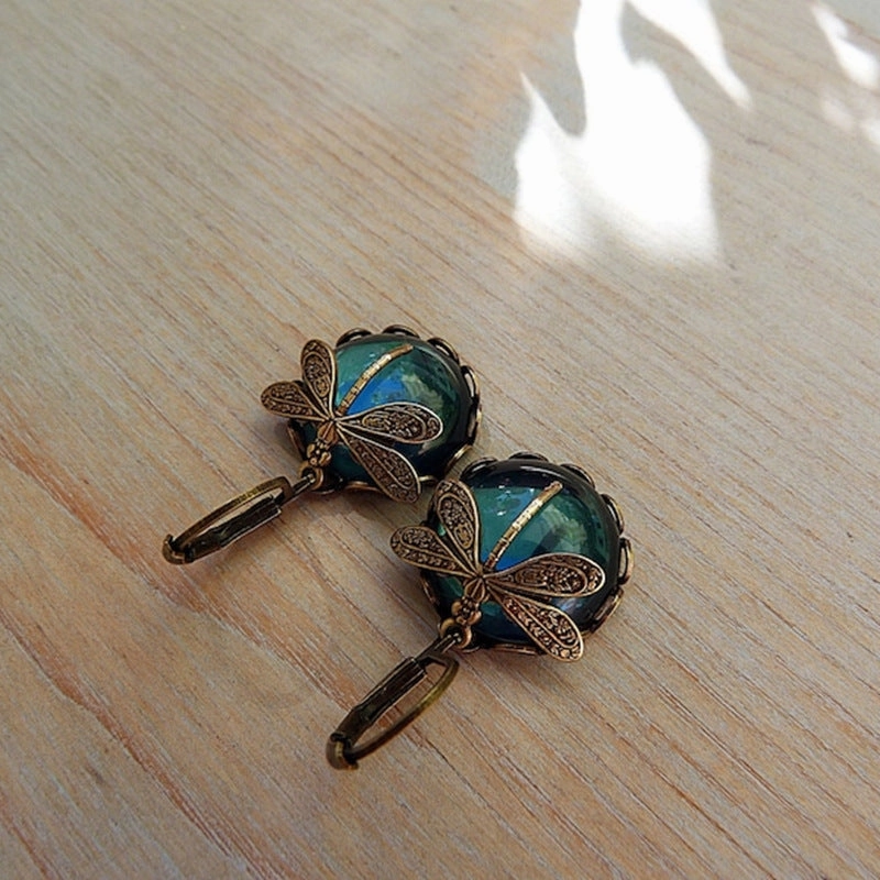 Wholesale Dragonfly Green Crystal Pendant Alloy Earrings