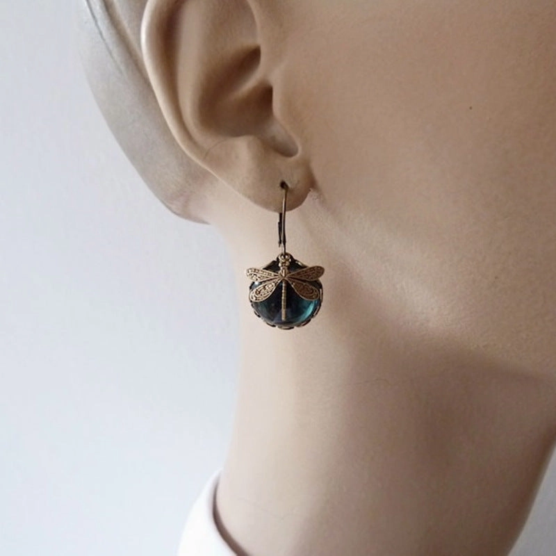 Wholesale Dragonfly Green Crystal Pendant Alloy Earrings
