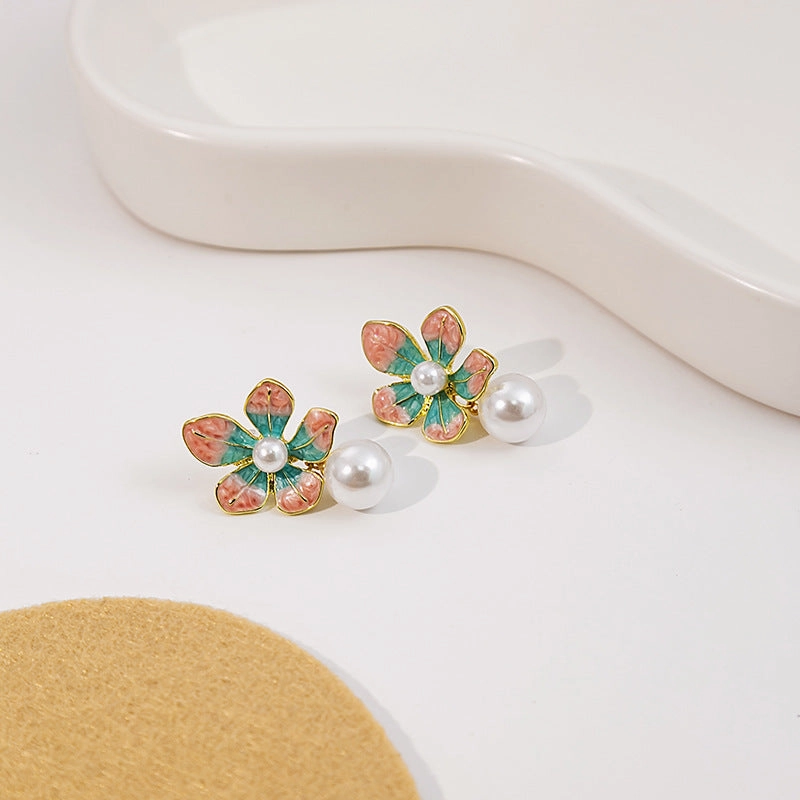 Wholesale Drip Oil Flower Pearls Enamel Pink Blue Petals Alloy Earrings