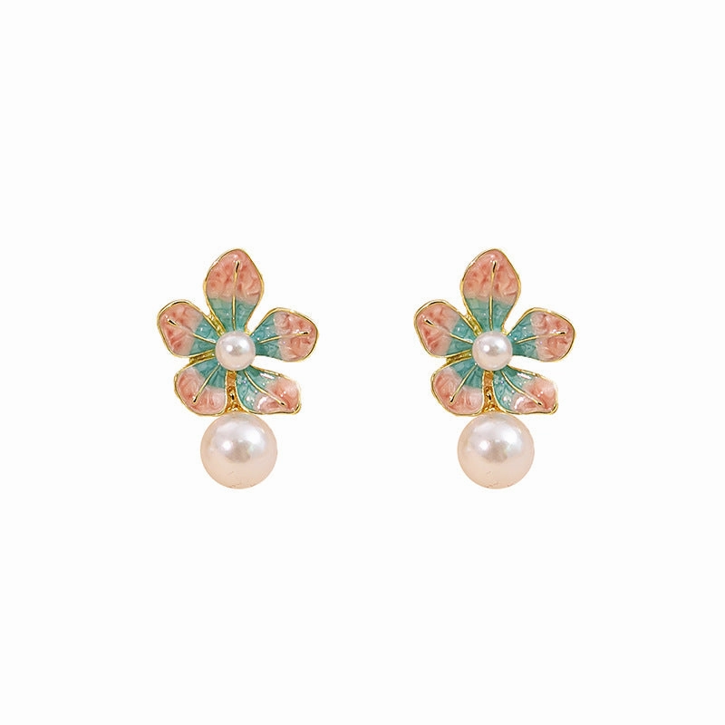 Wholesale Drip Oil Flower Pearls Enamel Pink Blue Petals Alloy Earrings
