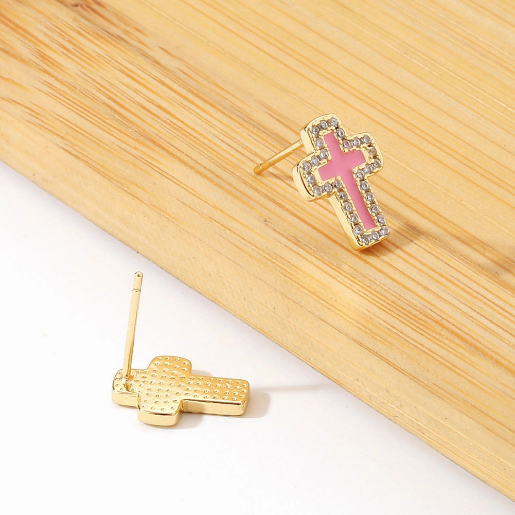 Wholesale Drip Oil Inlaid Zircon Cross Earrings