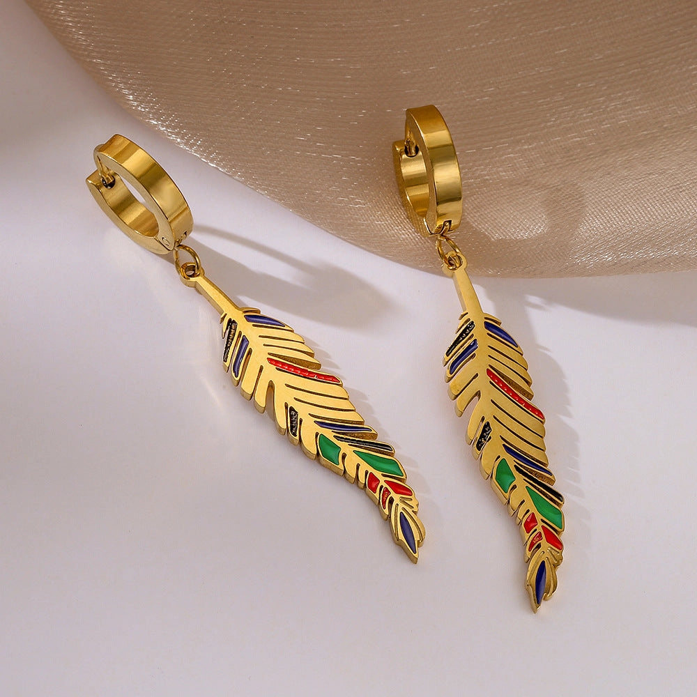 Wholesale Drip Oil Tree Leaf Blue Eyes Long Earrings