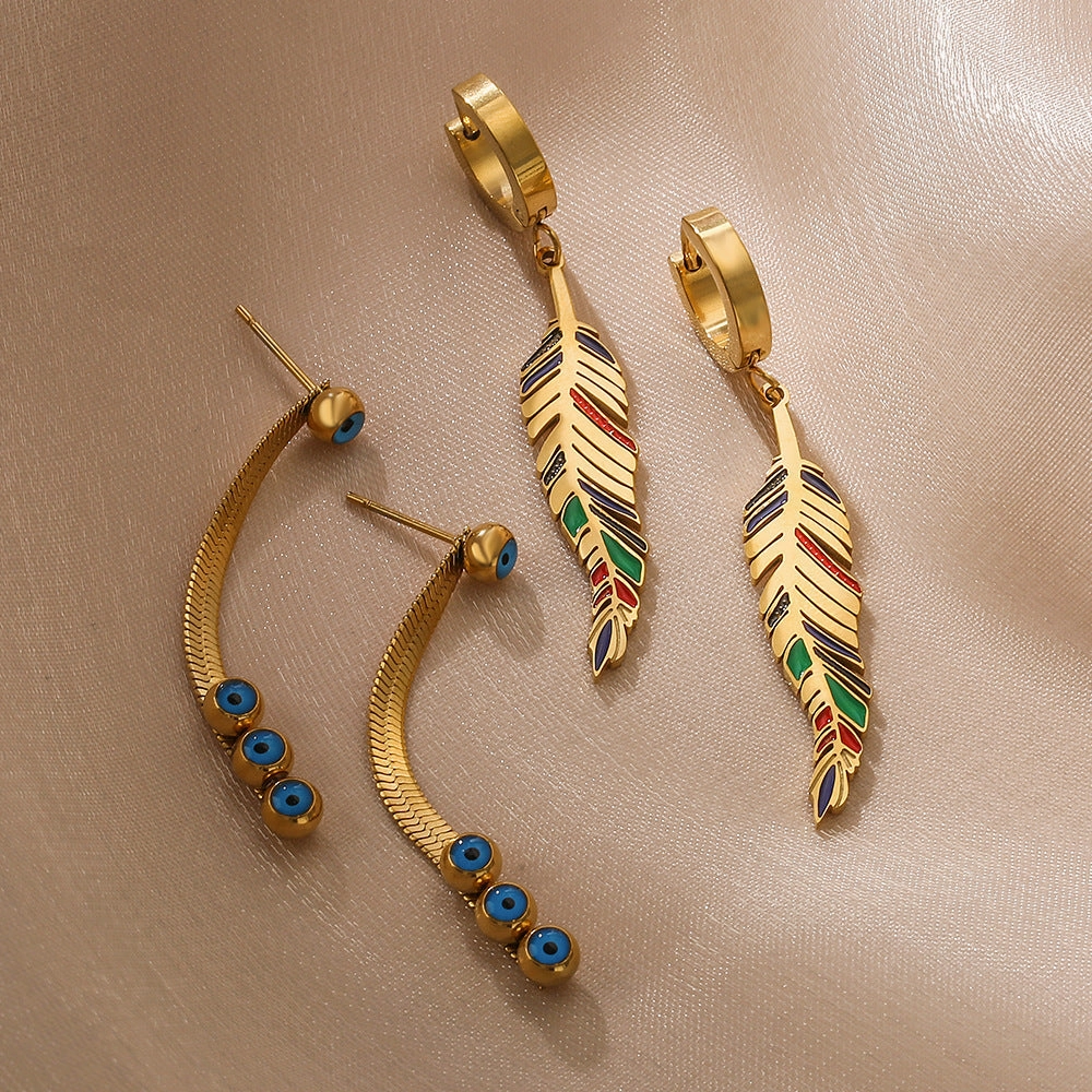 Wholesale Drip Oil Tree Leaf Blue Eyes Long Earrings