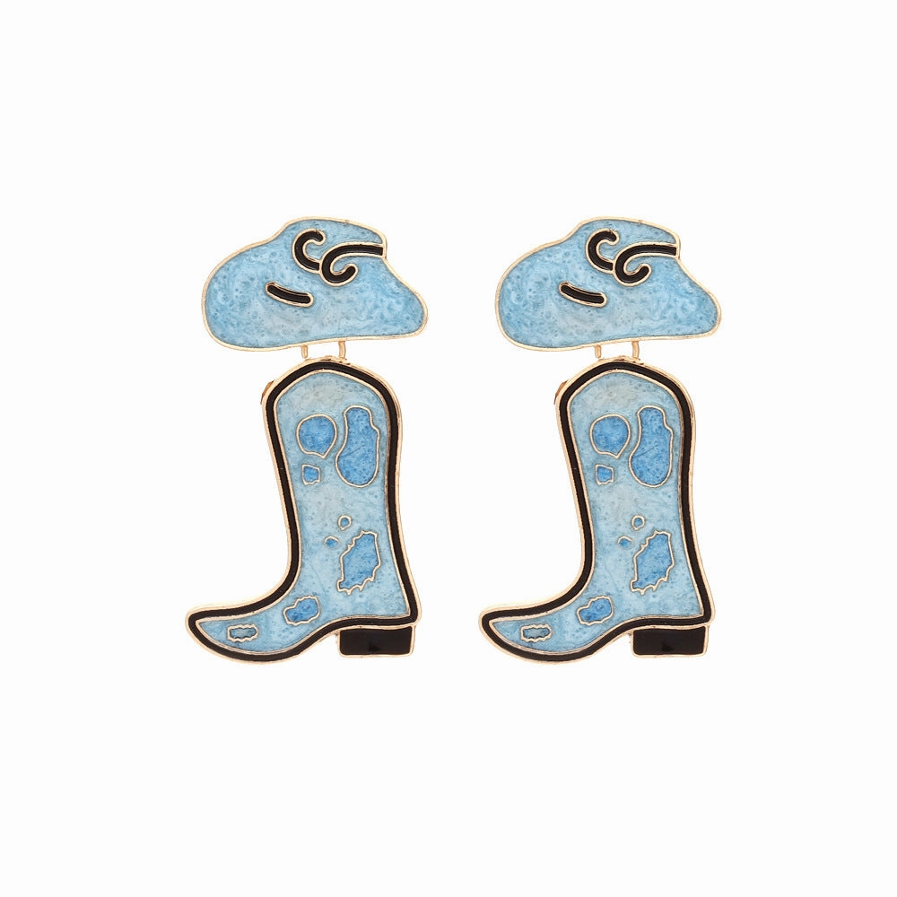 Wholesale Drip Oil Western Cowboy Boots Cow Pattern Hat Alloy Earrings
