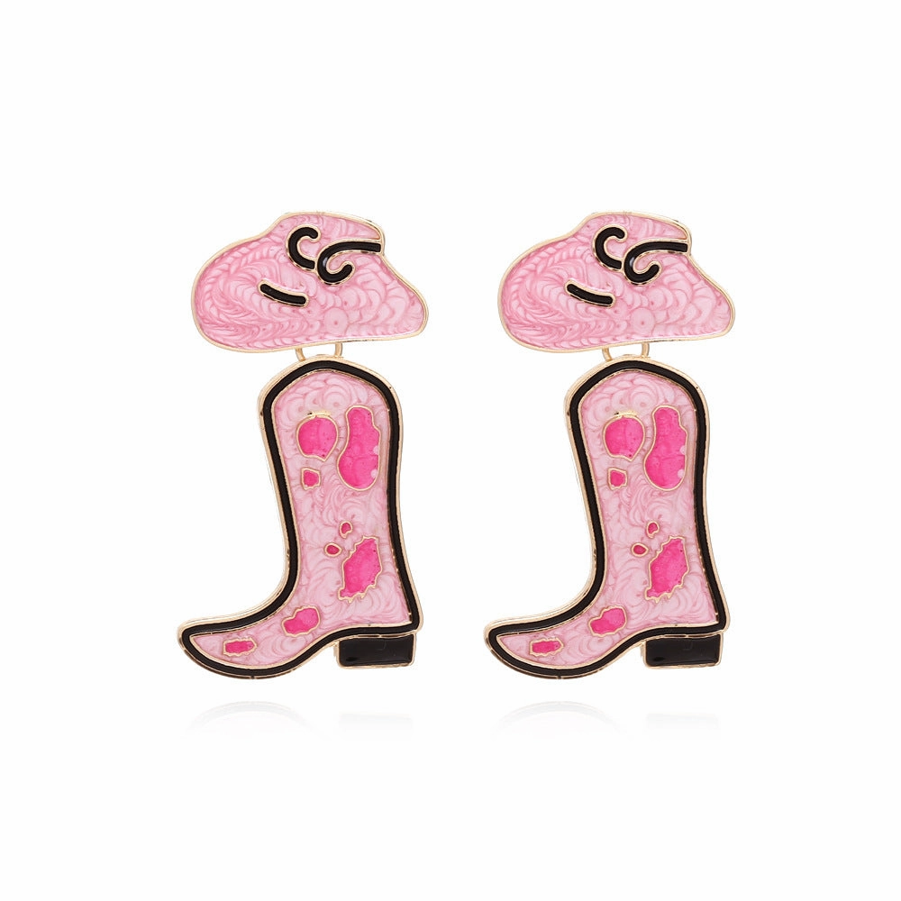 Wholesale Drip Oil Western Cowboy Boots Cow Pattern Hat Alloy Earrings